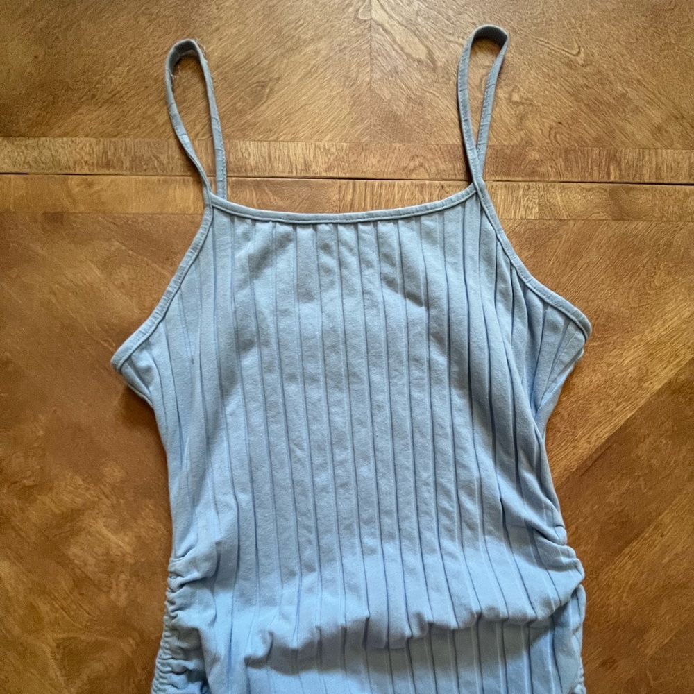 Light Blue Ruched Ribbed Mini Dress - SHEIN - Spaghetti Straps - M - Picture 2 of 9